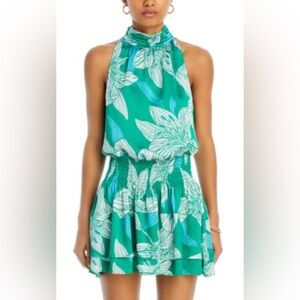 Ramy Brook Dani halter mini dress Sea Green Lily Print smocked waistband XXL